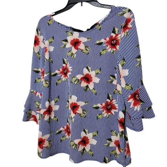 Faith and Joy Top For Women Size Large Blue Floral Lightweight Bell Sleeve - Picture 2 of 9